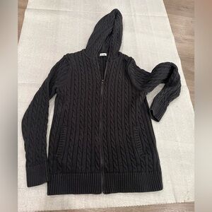 [L]LL Bean Women Black Cable Knit Hooded Zipper Sweater